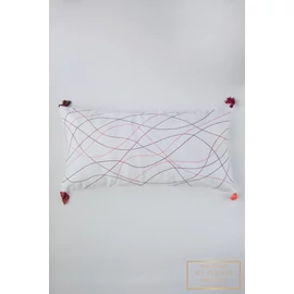 Hosszúkás díszpárnahuzat - Fehér, pasztell dekoratív csíkokkal, pom-pommal