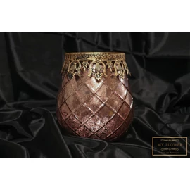 Púder színű üveg gyertyatartó mintás arany szegéllyel - Kicsi