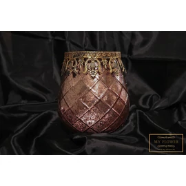 Púder színű üveg gyertyatartó mintás arany szegéllyel - Nagy