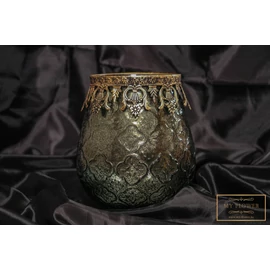 Olívazöld színű üveg gyertyatartó mintás arany szegéllyel - Nagy