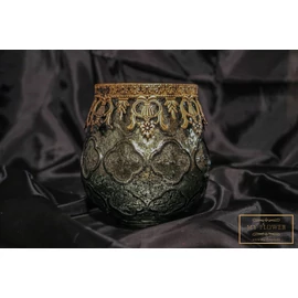 Olívazöld színű üveg gyertyatartó mintás arany szegéllyel - Kicsi