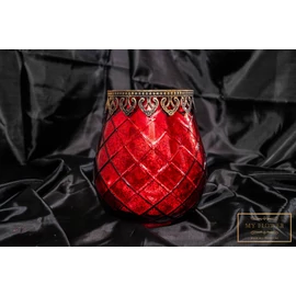 Piros színű üveg gyertyatartó mintás arany szegéllyel - Közepes