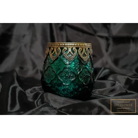 Smaragdzöld színű üveg gyertyatartó mintás arany szegéllyel - Kicsi