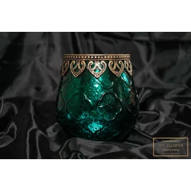 Smaragdzöld színű üveg gyertyatartó mintás arany szegéllyel - Közepes