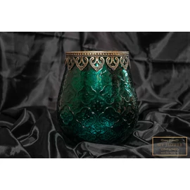 Smaragdzöld színű üveg gyertyatartó mintás arany szegéllyel - Nagy