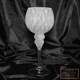 Matt fehér kehely alakú üveg gyertyatartó ezüst mintával - Kicsi