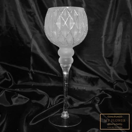 Matt fehér kehely alakú üveg gyertyatartó ezüst mintával - Közepes