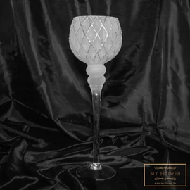 Matt fehér kehely alakú üveg gyertyatartó ezüst mintával - Nagy